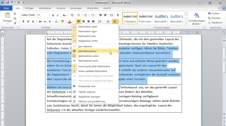word absatz linien